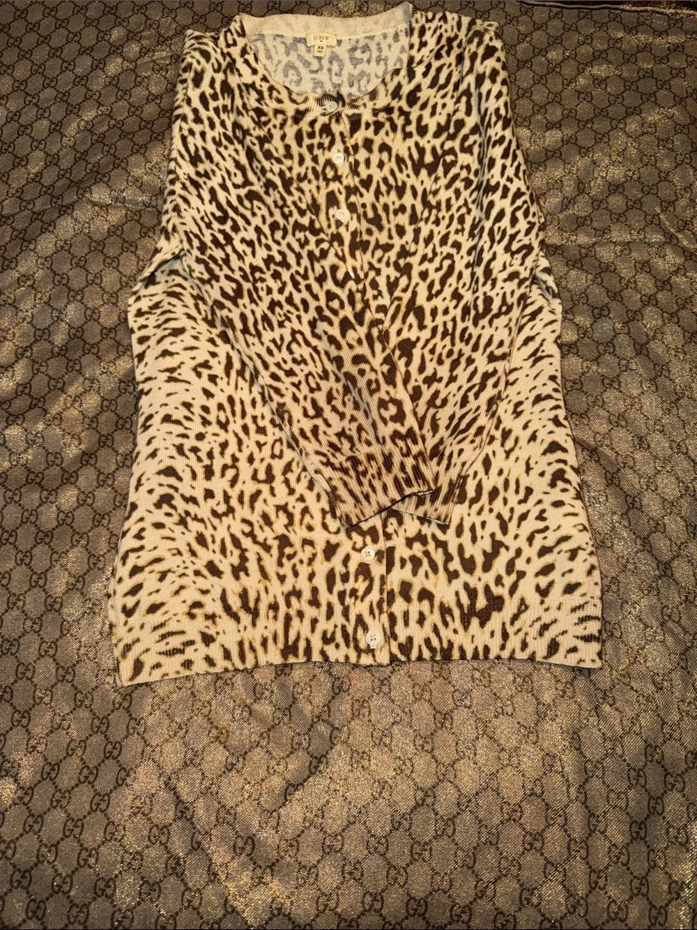 J. Crew Leopard Spot Crewneck Cardigan in Brown & Cream